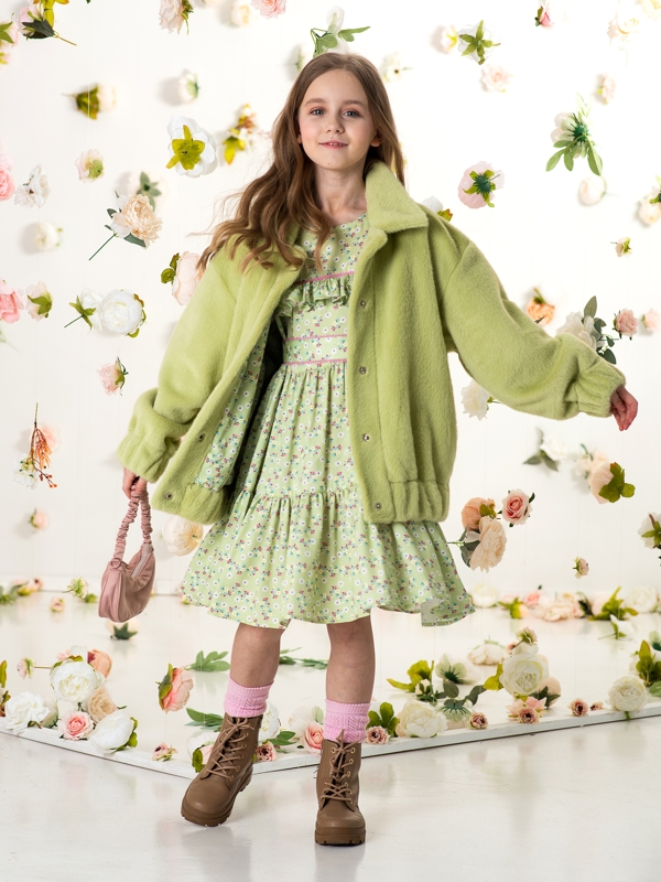 Пушистая зеленая детская куртка-бомбер на девочку