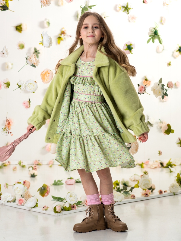 Пушистая зеленая детская куртка-бомбер на девочку