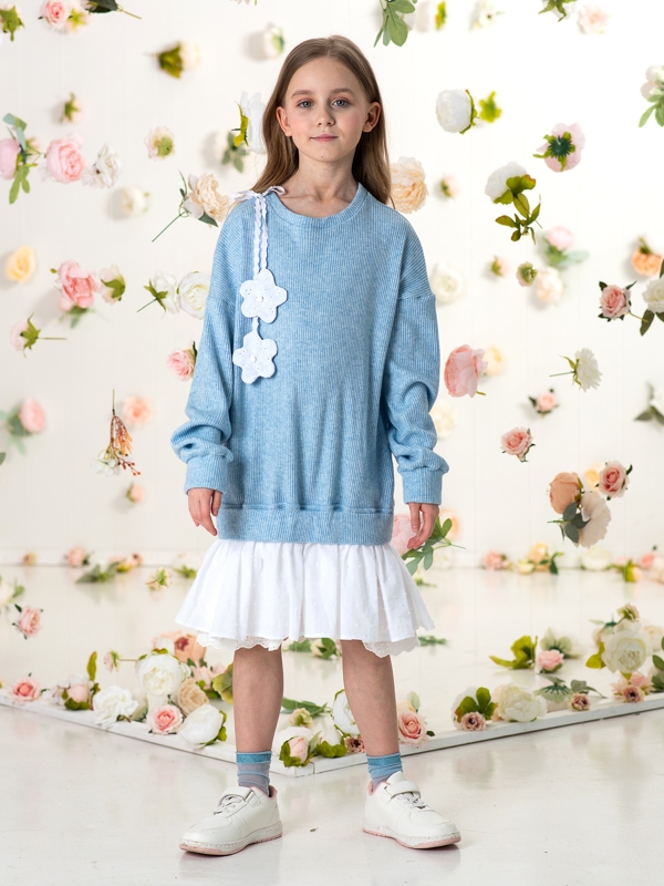Голубое детское вязаное платье-туника на девочку