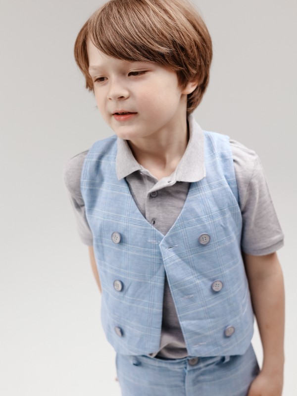 Льняной Двубортный Жилет в Клетку Голубого Цвета с Регулятором Объема
