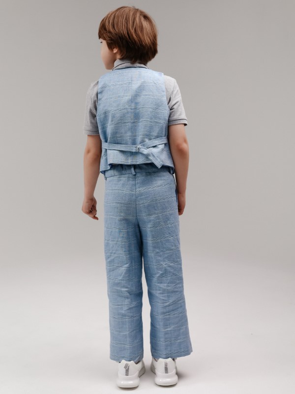 Льняной Двубортный Жилет в Клетку Голубого Цвета с Регулятором Объема