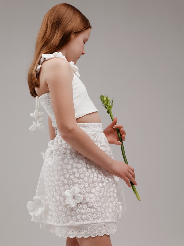 Юбка из Кружева с Объемными 3D Цветами Белого Цвета на Хлопковой Подкладке