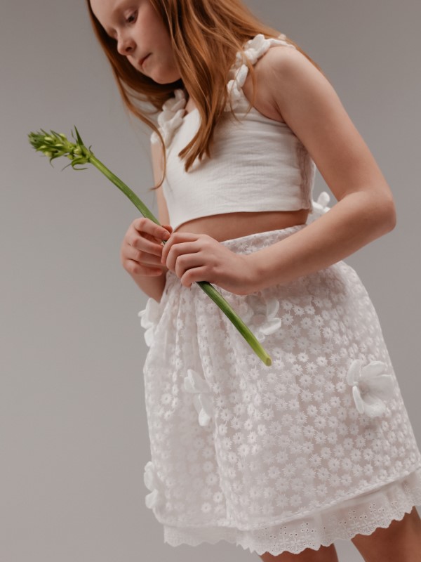 Юбка из Кружева с Объемными 3D Цветами Белого Цвета на Хлопковой Подкладке