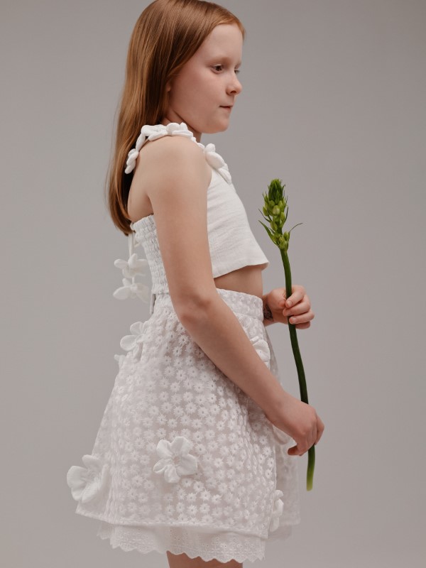 Юбка из Кружева с Объемными 3D Цветами Белого Цвета на Хлопковой Подкладке