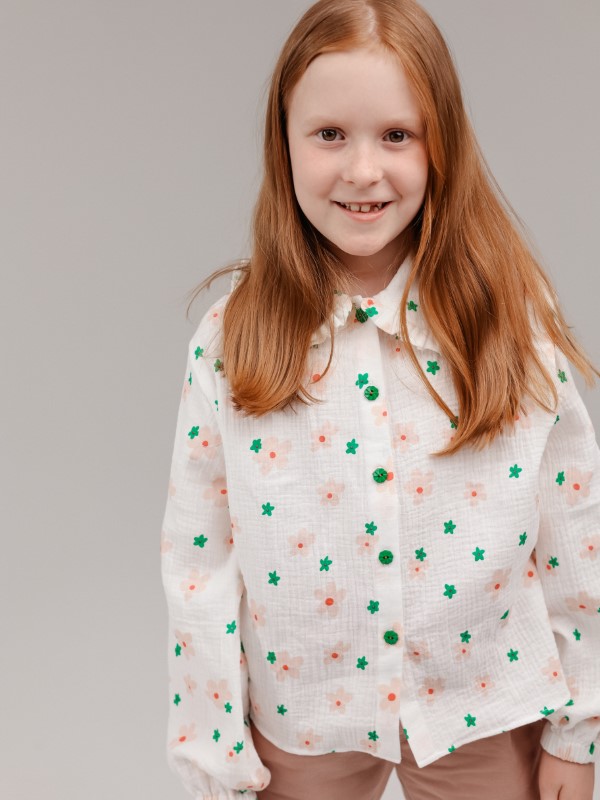 Блузка из Муслина в Цветочный Принт с Отложным Воротником и Рюшью