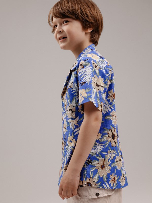 Гавайская Льняная Рубашка Унисекс в Синих и Мульти Цветах