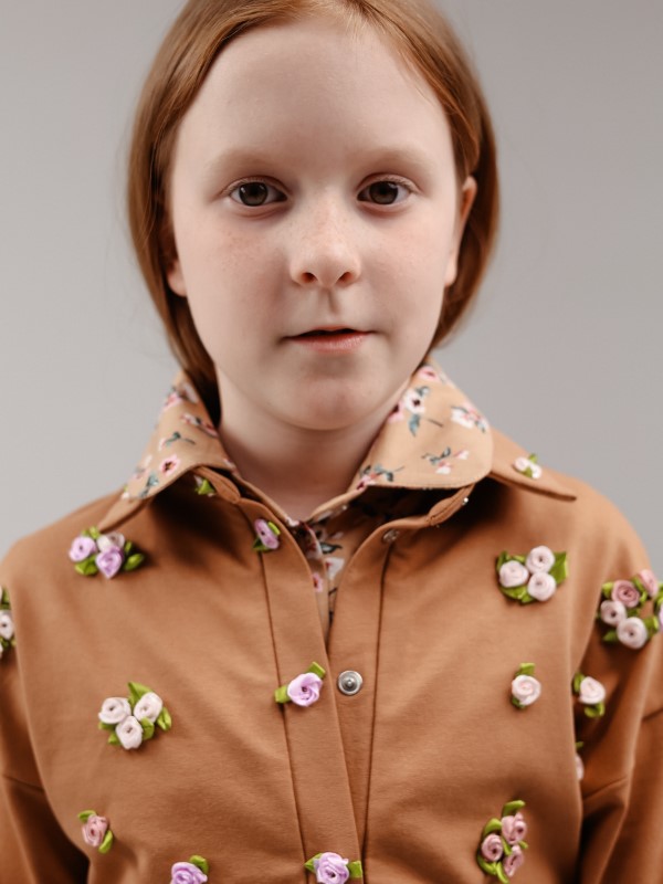 Свитшот Поло с Декором из Цветов Бежево-Терракотового Цвета из Хлопка