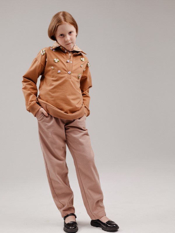 Свитшот Поло с Декором из Цветов Бежево-Терракотового Цвета из Хлопка