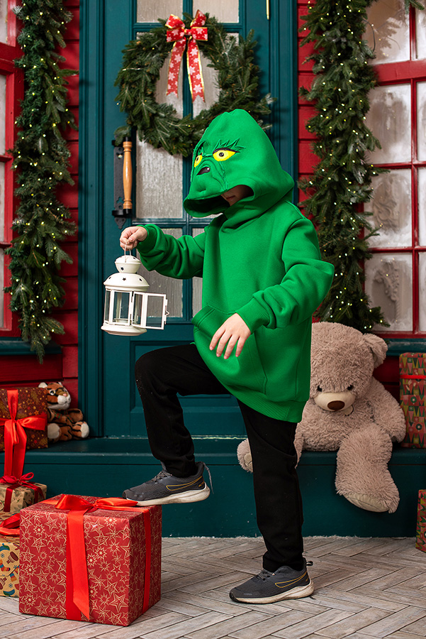 Ярко-зеленый теплый детский худи Гринч