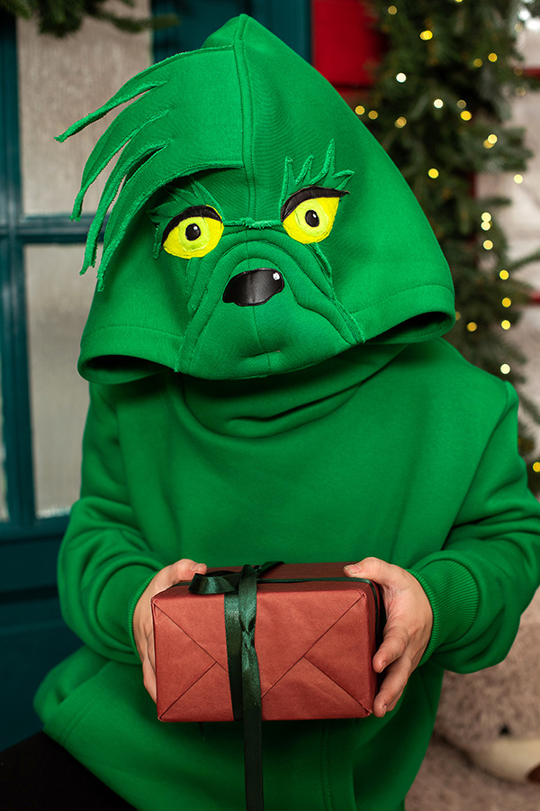 Ярко-зеленый теплый детский худи Гринч