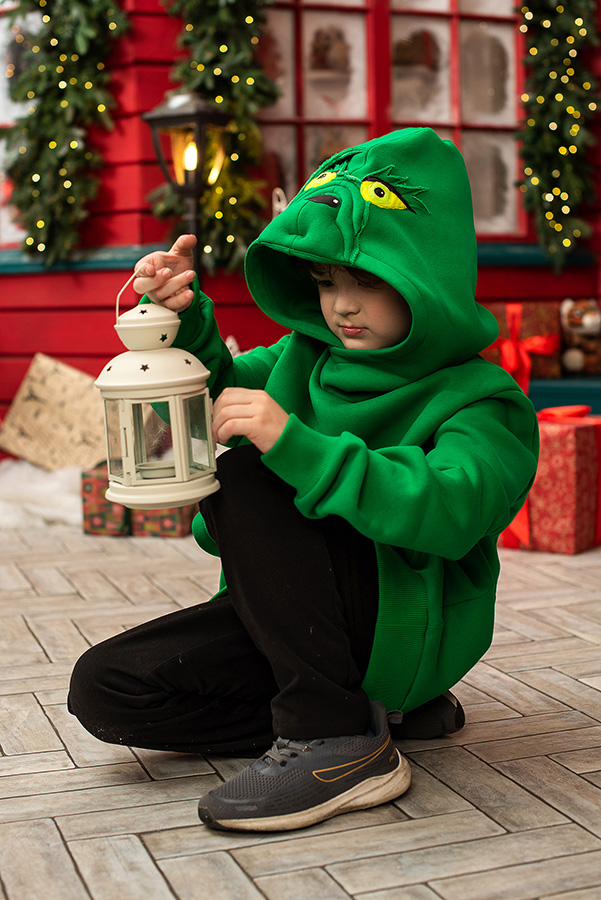 Ярко-зеленый теплый детский худи Гринч