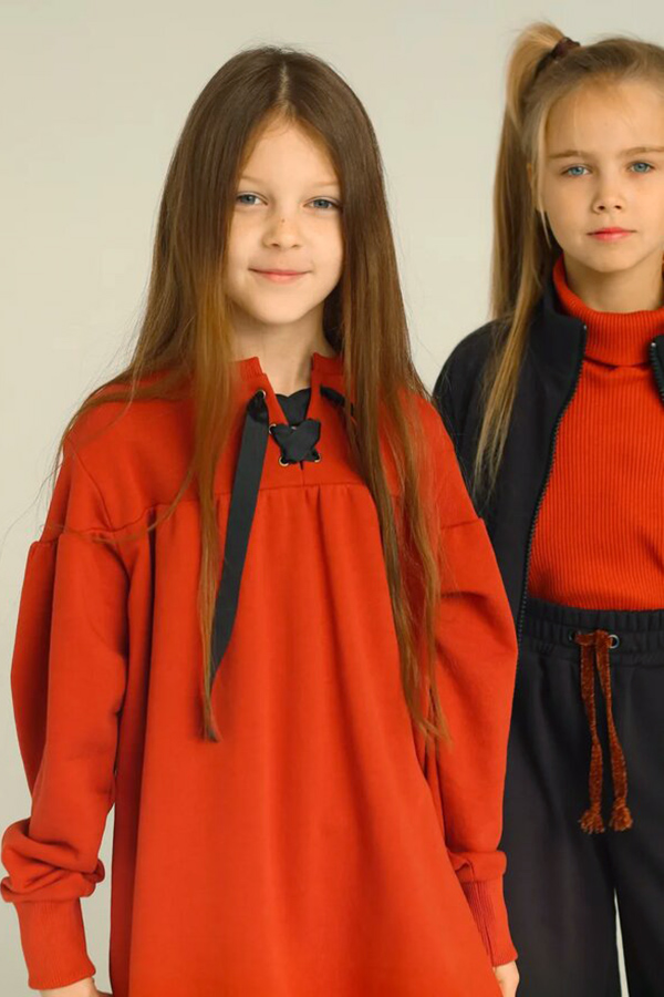 Терракотовое детское платье-туника со шнуровкой для девочки