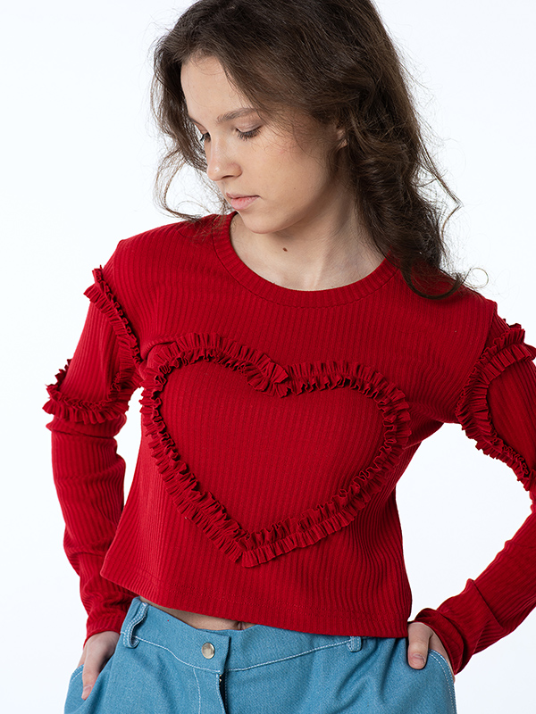 Ярко красный топ в рубчик с длинными рукавами "Море любви" для девочки