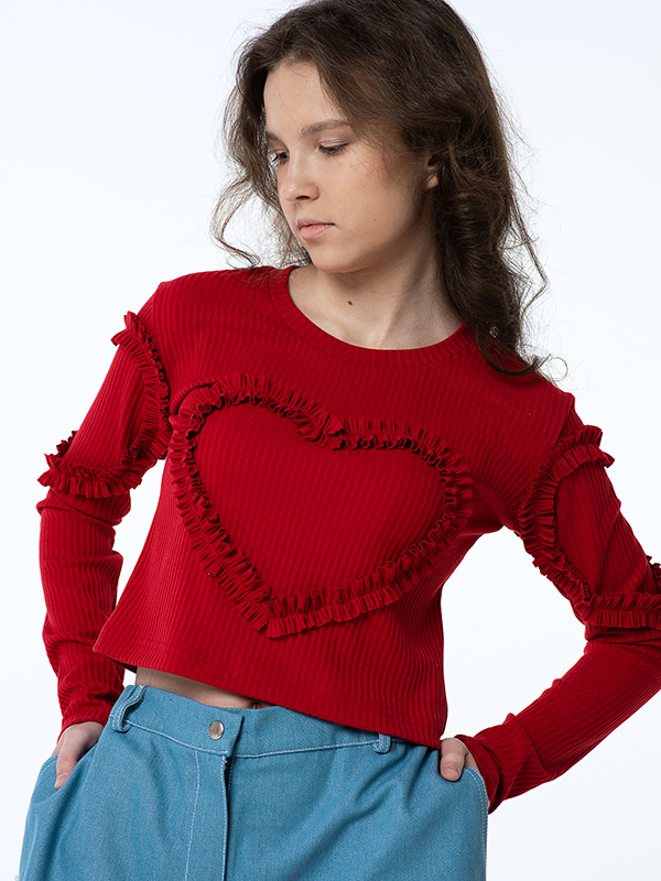 Ярко красный топ в рубчик с длинными рукавами "Море любви" для девочки