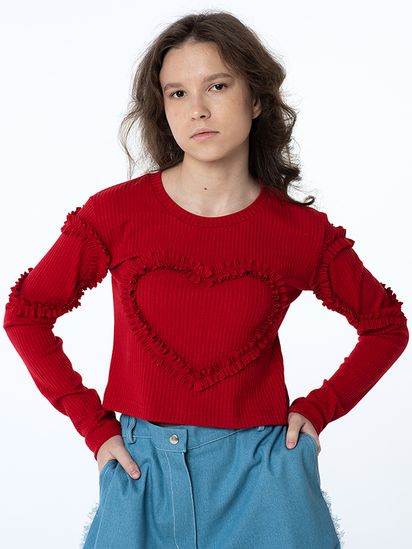 Ярко красный топ в рубчик с длинными рукавами "Море любви" для девочки