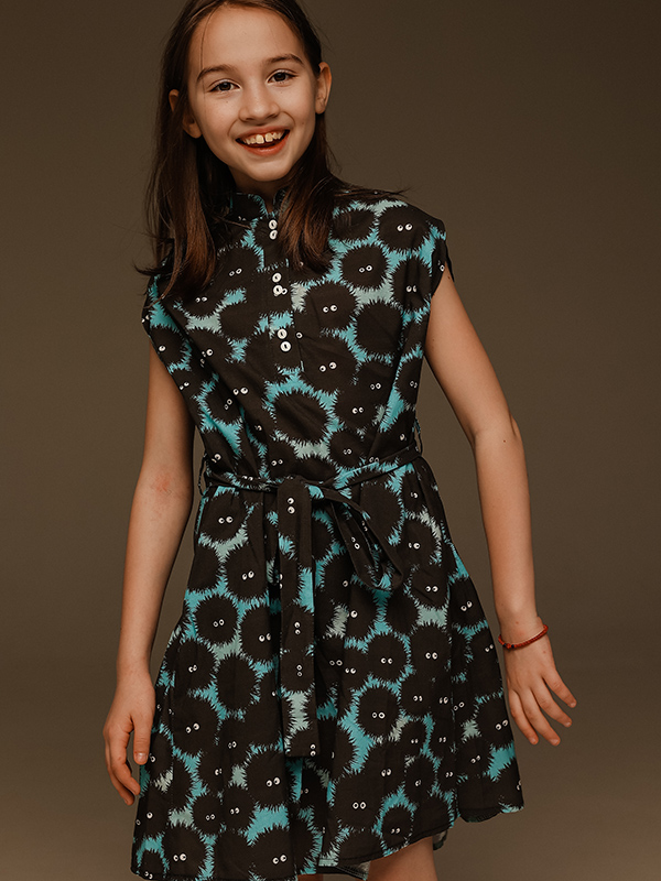 Бирюзовое детское платье-кейп "Чернушки" по мотивам произведений Хаяо Миядзаки