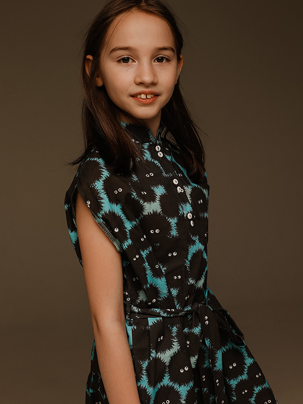 Бирюзовое детское платье-кейп "Чернушки" по мотивам произведений Хаяо Миядзаки