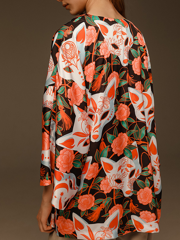 Яркая оранжевая накидка хаори из искусственного шелка с принтом Кицунэ