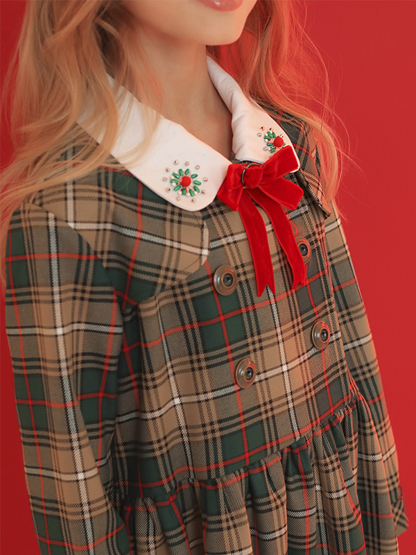 Нарядное детское платье в зеленую клетку с белым воротником и красным бантом