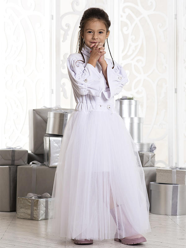 Белое нарядное детское платье из бархата с фатиновой юбкой