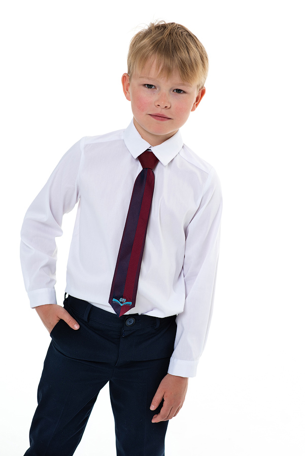 Классическая белая школьная рубашка с синими пуговицами для мальчика