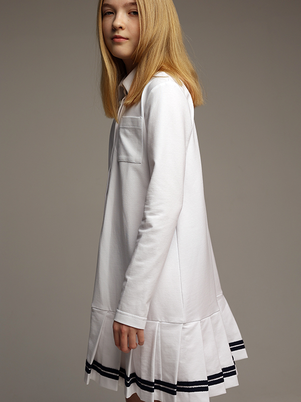 Белое школьное платье-поло из хлопка с длинными рукавами