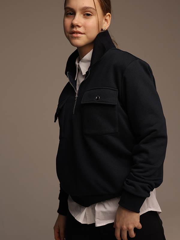 Синий школьный свитшот с воротом на молнии на девочку