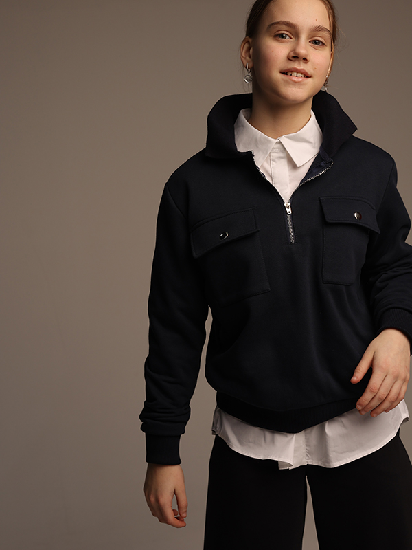 Синий школьный свитшот с воротом на молнии на девочку