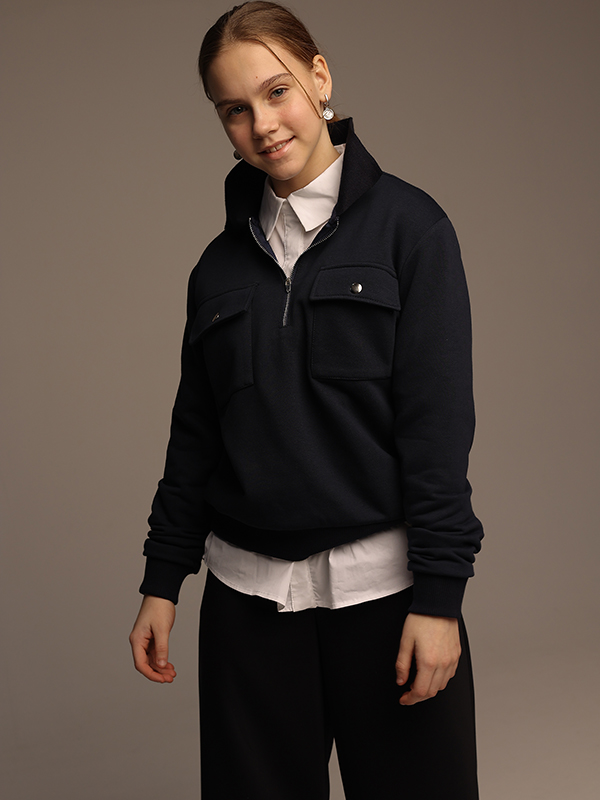 Синий школьный свитшот с воротом на молнии на девочку