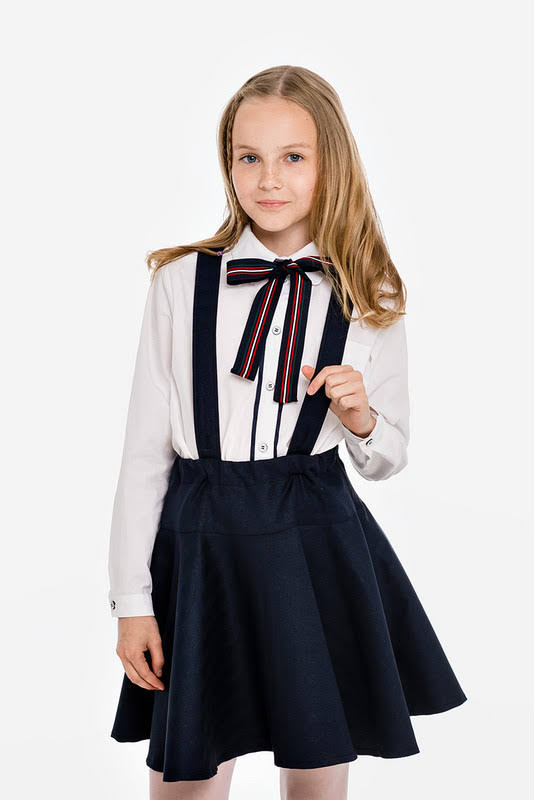 Белая школьная блузка с бантом и контрастной планкой