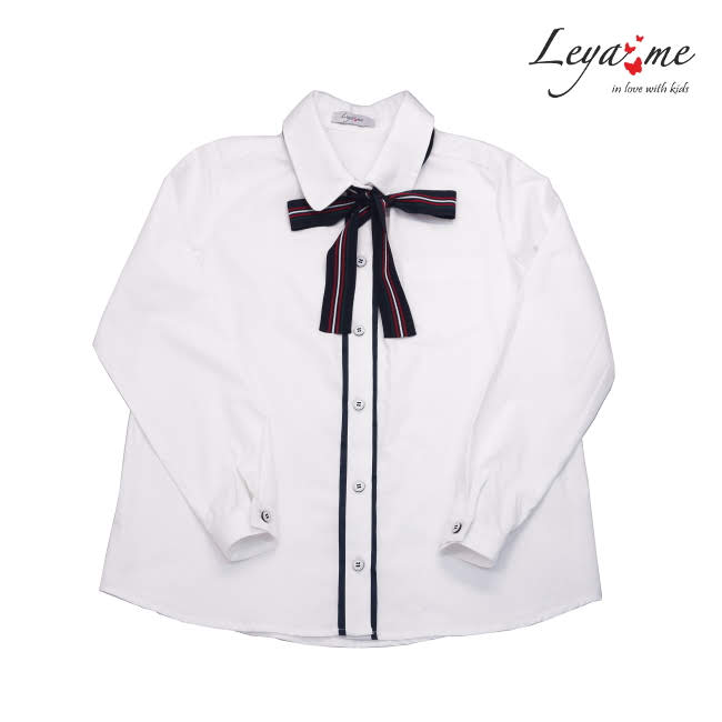 Белая школьная блузка с бантом и контрастной планкой
