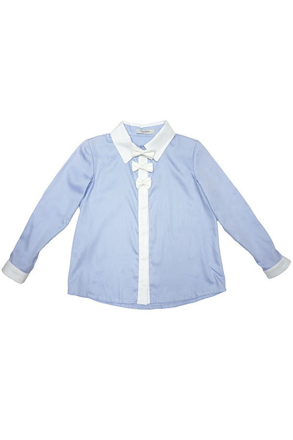 Голубая школьная блузка с белой планкой и бантами