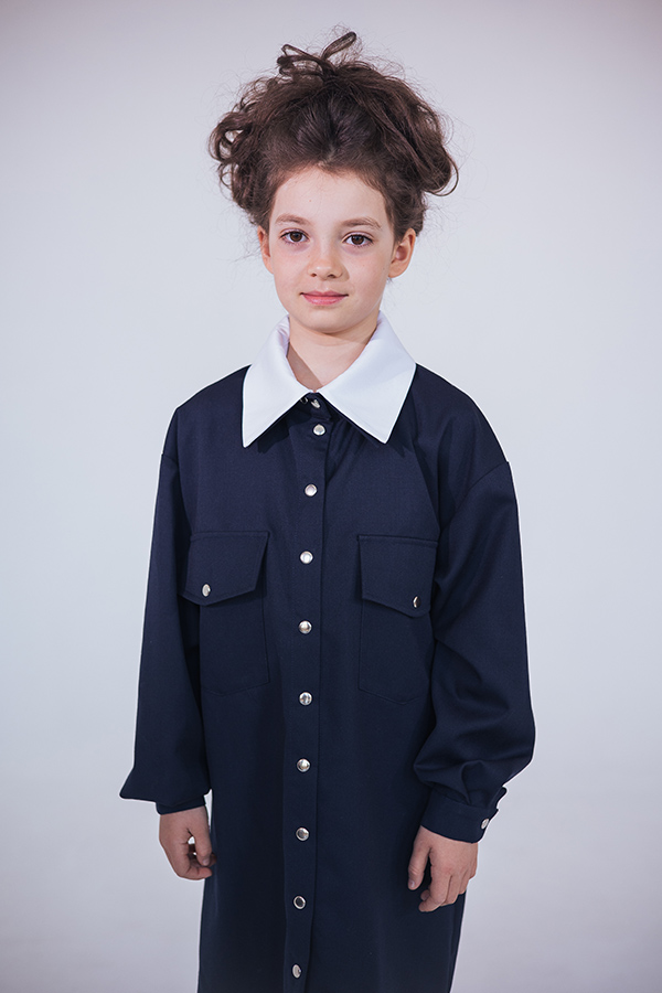 Синее школьное платье-туника рубашечного кроя со съемным воротником