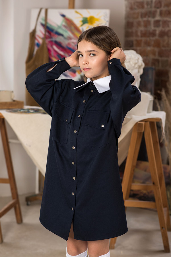 Синее школьное платье-туника рубашечного кроя со съемным воротником